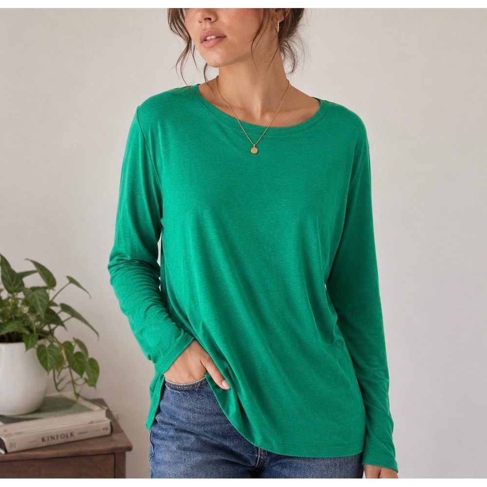 Talbots Pima Cotton Long Sleeve Tee 1X Green Soft Luxe Casual Basic Top